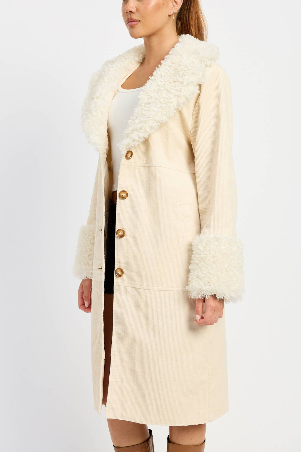 Emory Park • Mid-Length Trench Coat, Faux White Fur