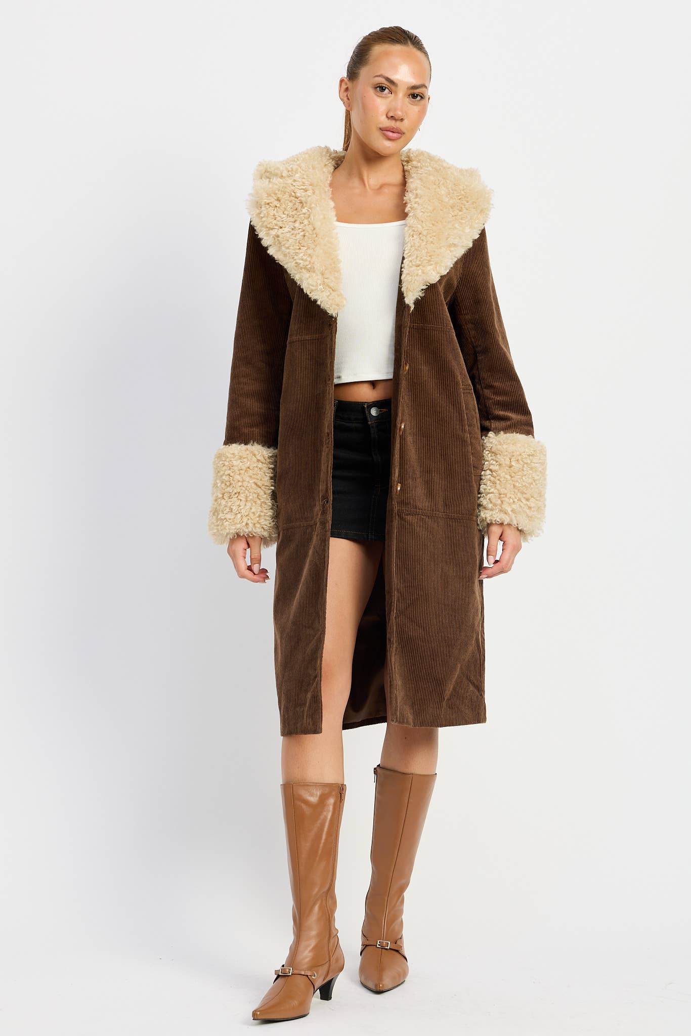 Emory Park • Mid-Length Trench Coat, Faux White Fur