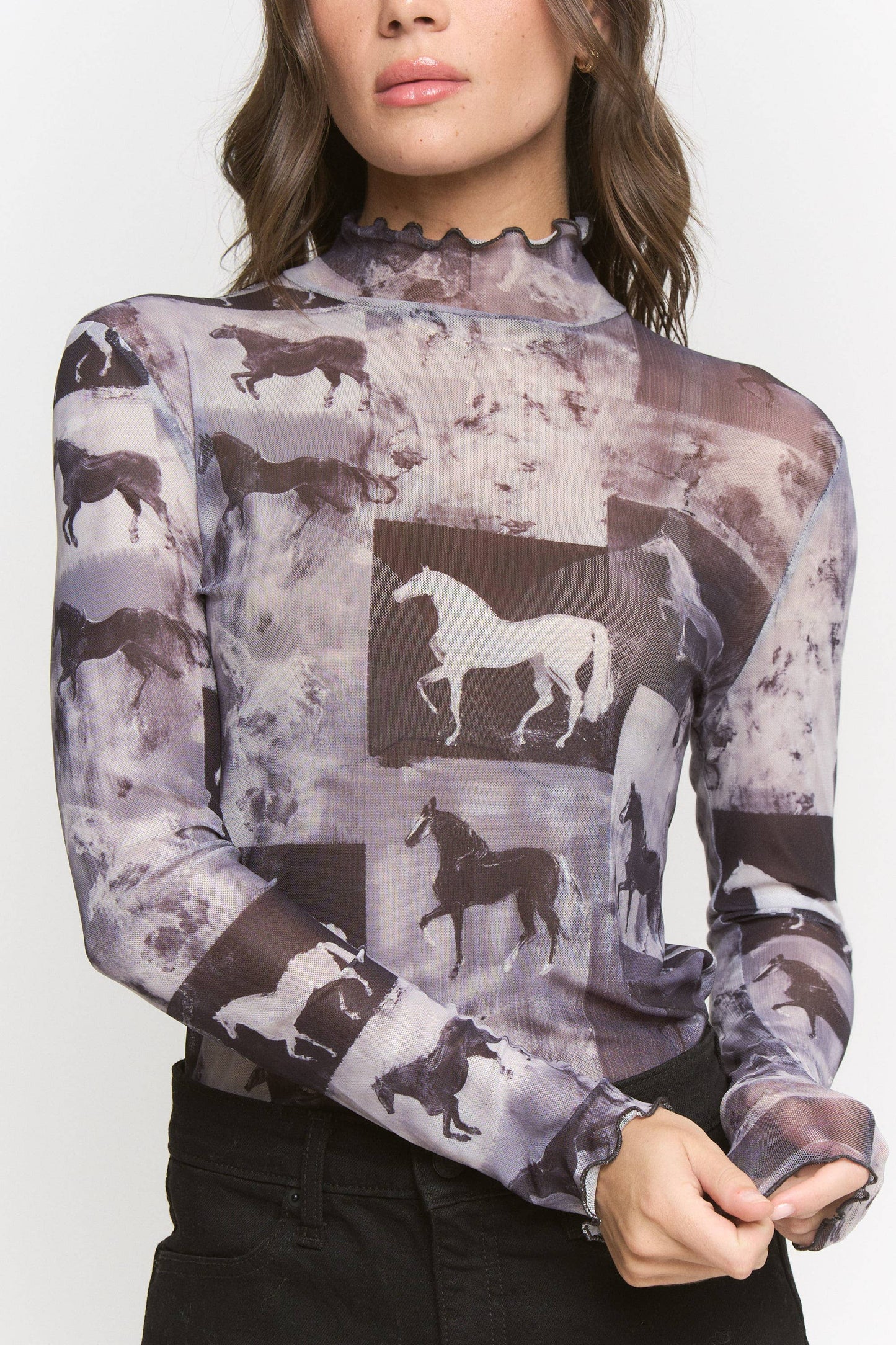Plus Size, Horse Print Mesh Mock Neck Long Sleeve Top