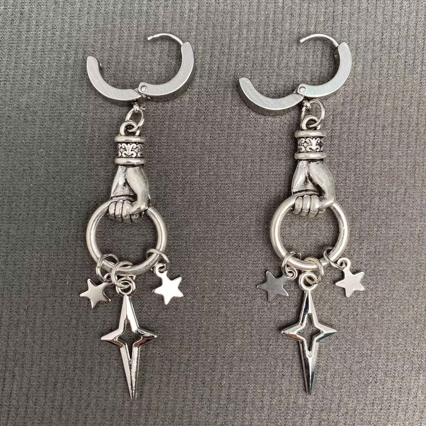Gothic Hand Catch Star Huggie Drop Dangle Earrings, Silver Color