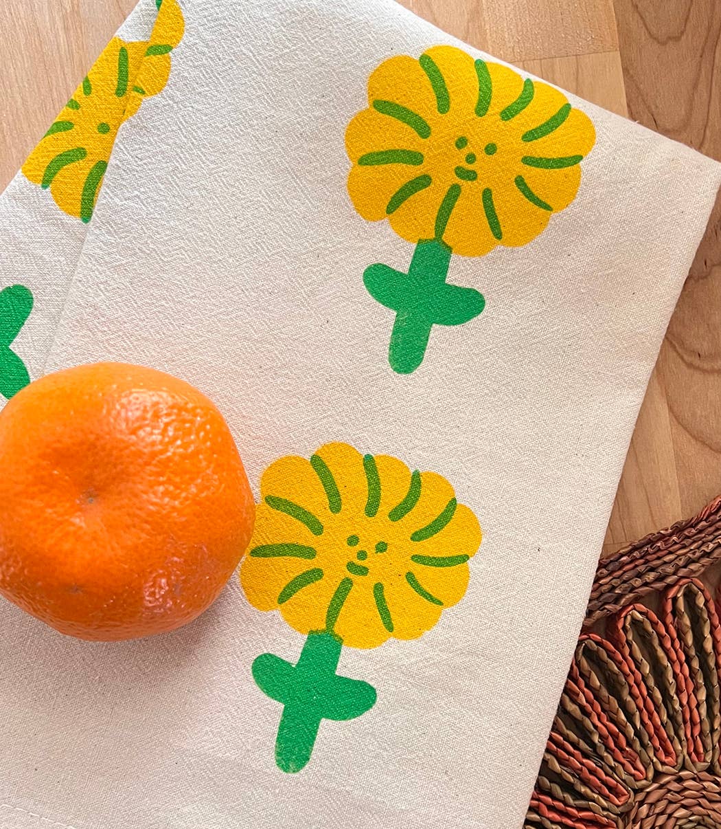 Hand-Printed Happy Flower Tea Towel