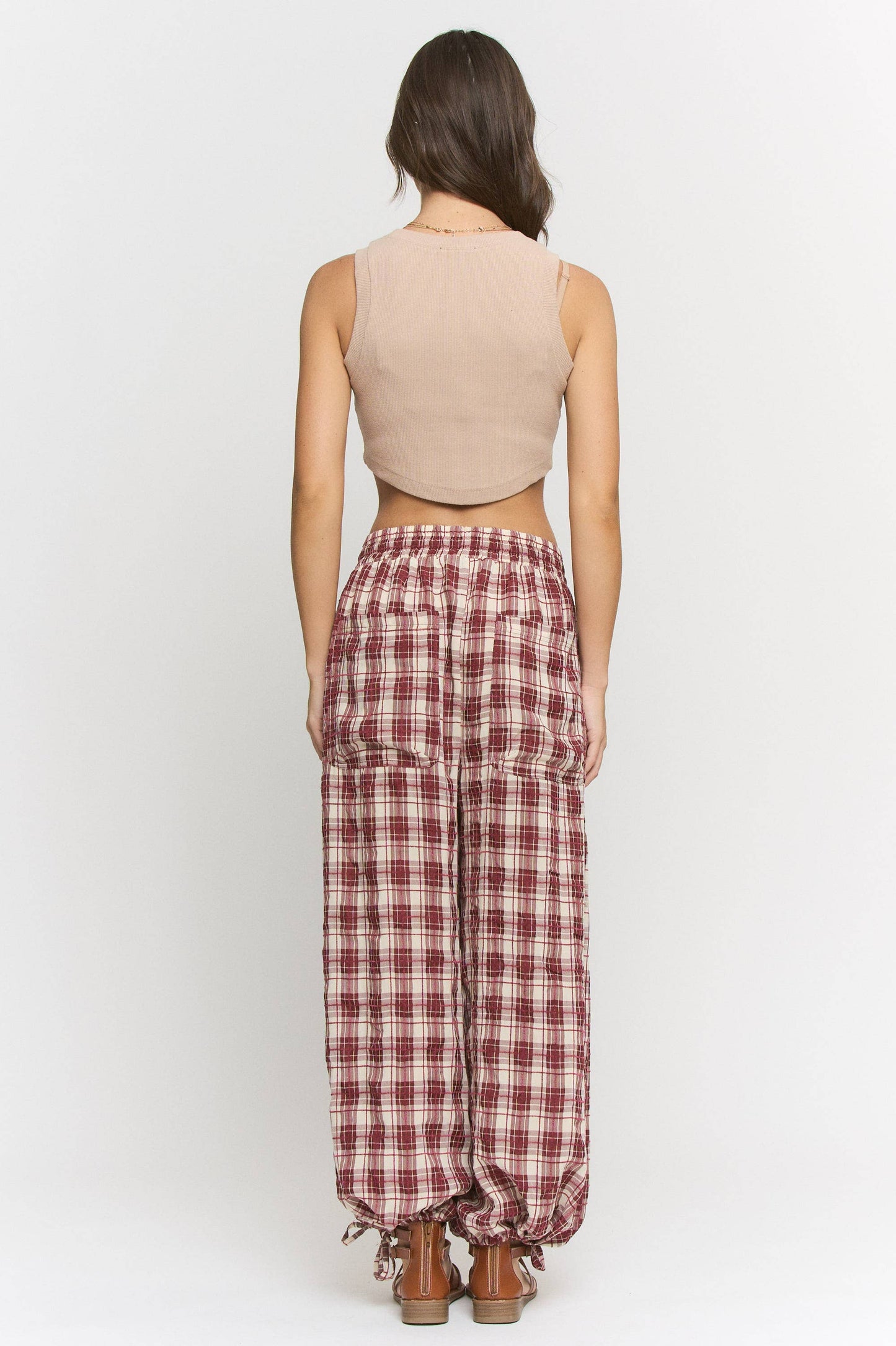 Plus Size, Wine Maroon Plaid Cinched Stretch Pants
