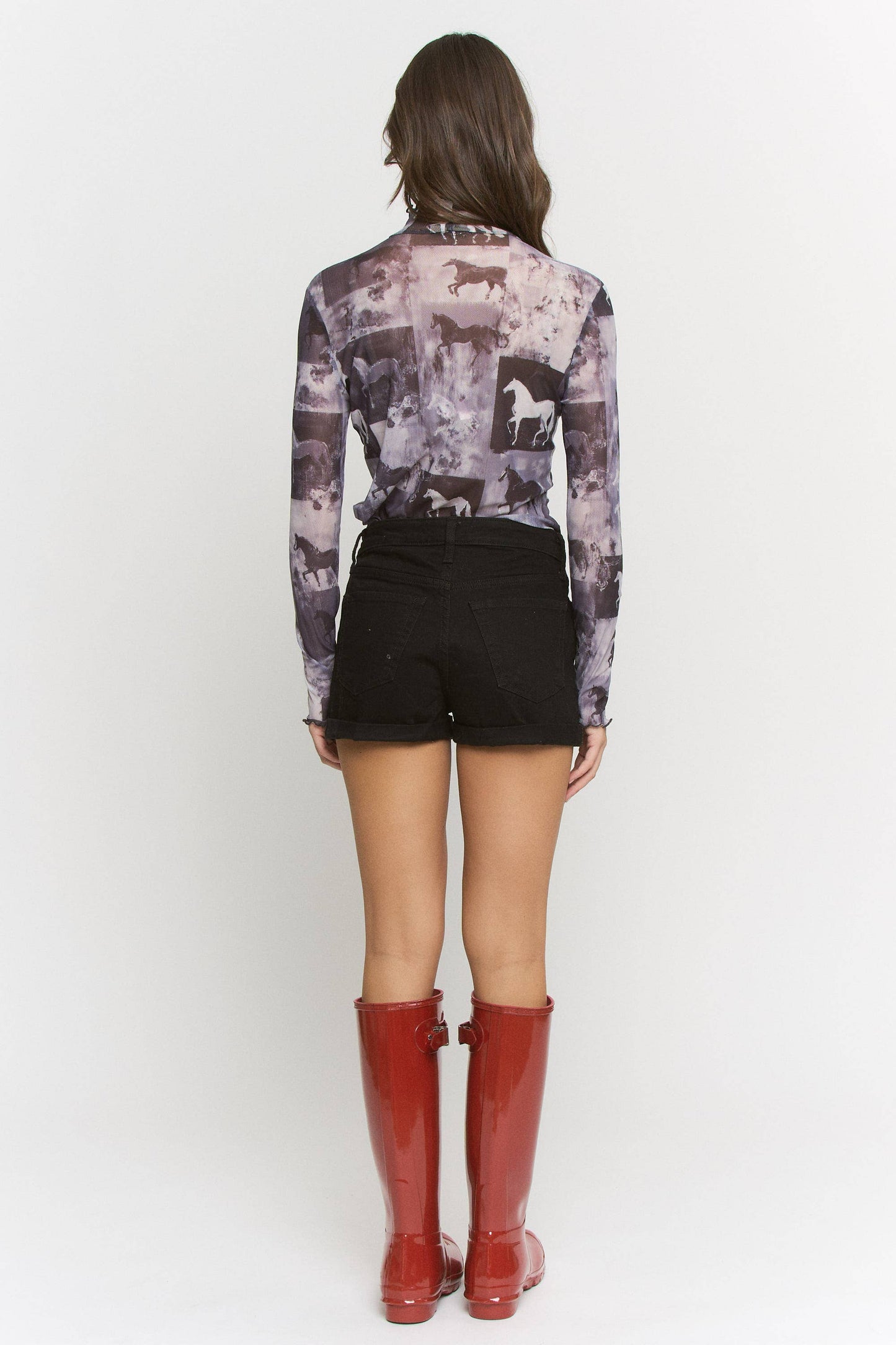 Plus Size, Horse Print Mesh Mock Neck Long Sleeve Top