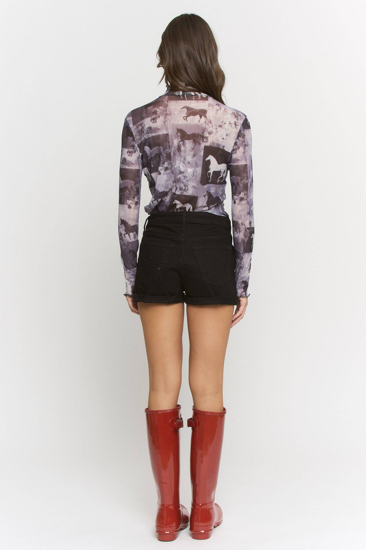 Plus Size, Horse Print Mesh Mock Neck Long Sleeve Top