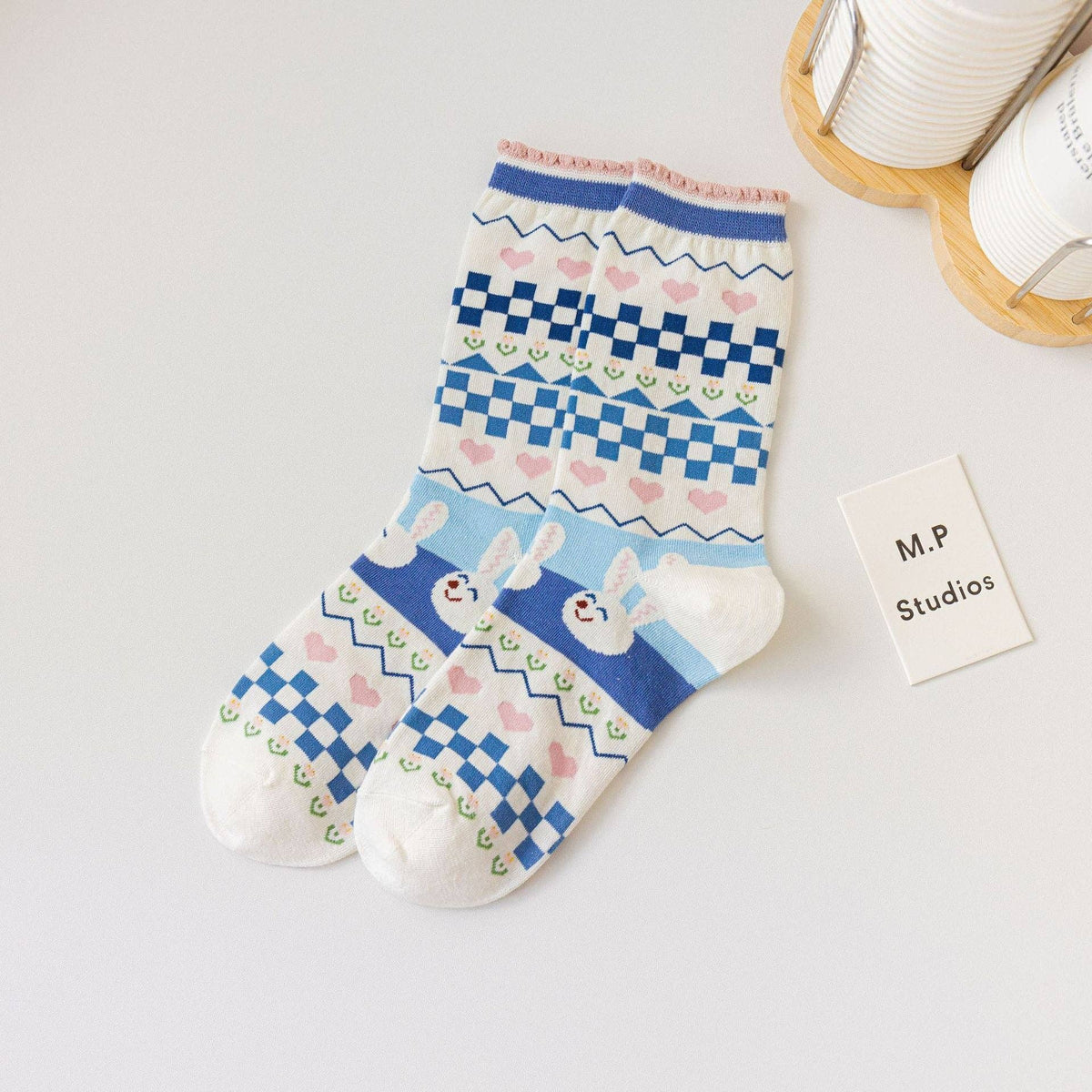 Cute Bunny Socks in Light Blue and White