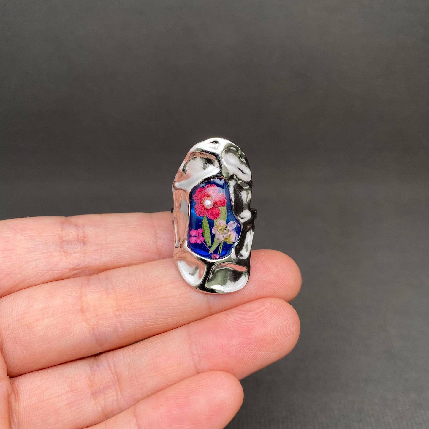 Dried Flowers Hammered Texture Silver Ring