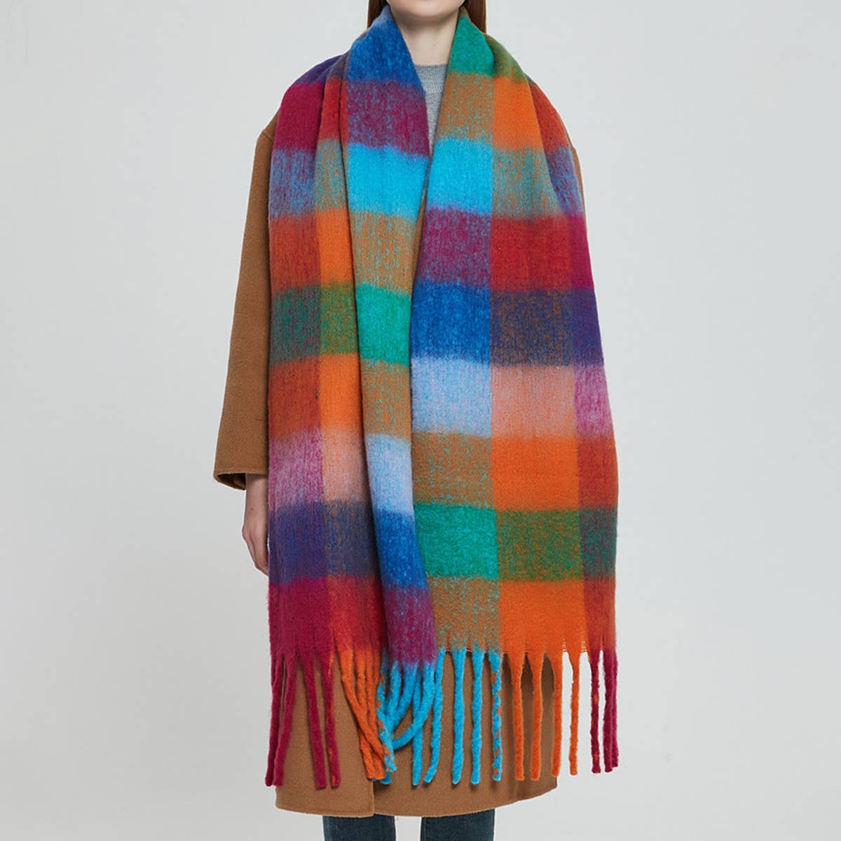 Chunky Plaid Scarf with Fringes