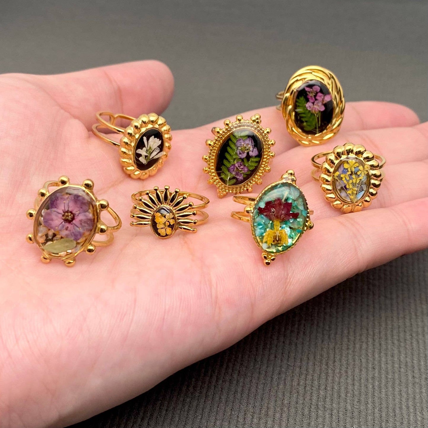 Dried Flower Adjustable Floral Rings, 18k Gold Plated