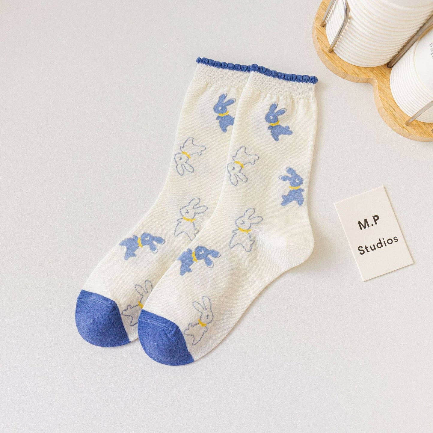 Cute Bunny Socks in Light Blue and White