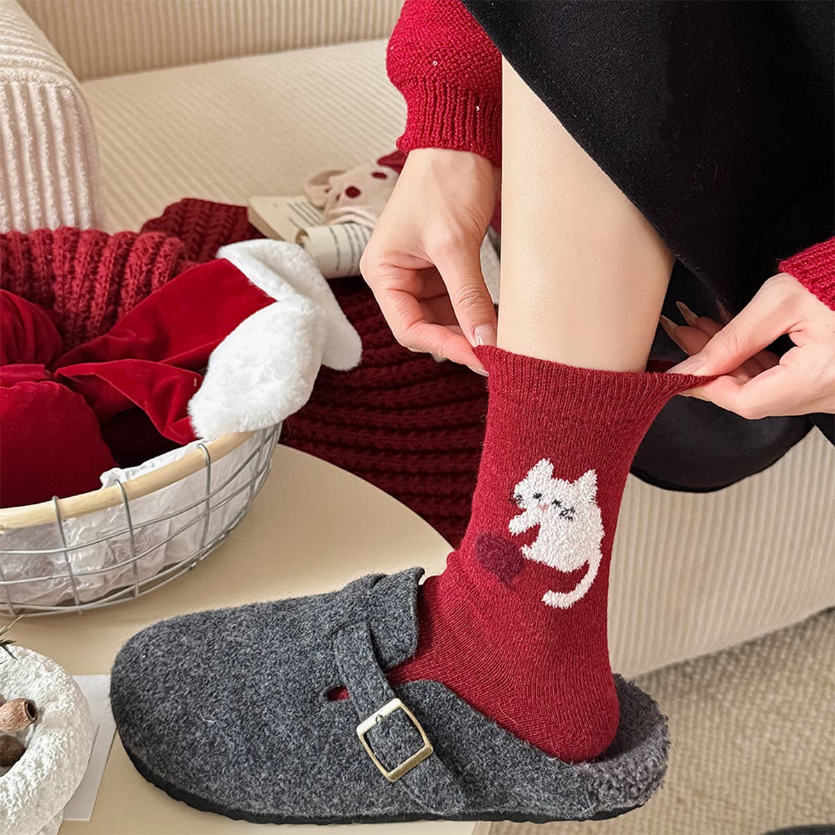 Warm Red Wool Thick Crew Socks