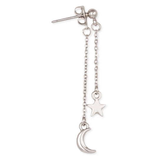 Silver Color Moon and Star Linear Drop Earrings