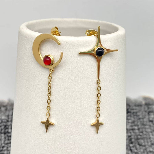 Asymmetric Celestial Star Moon Post Earrings, Gold Color