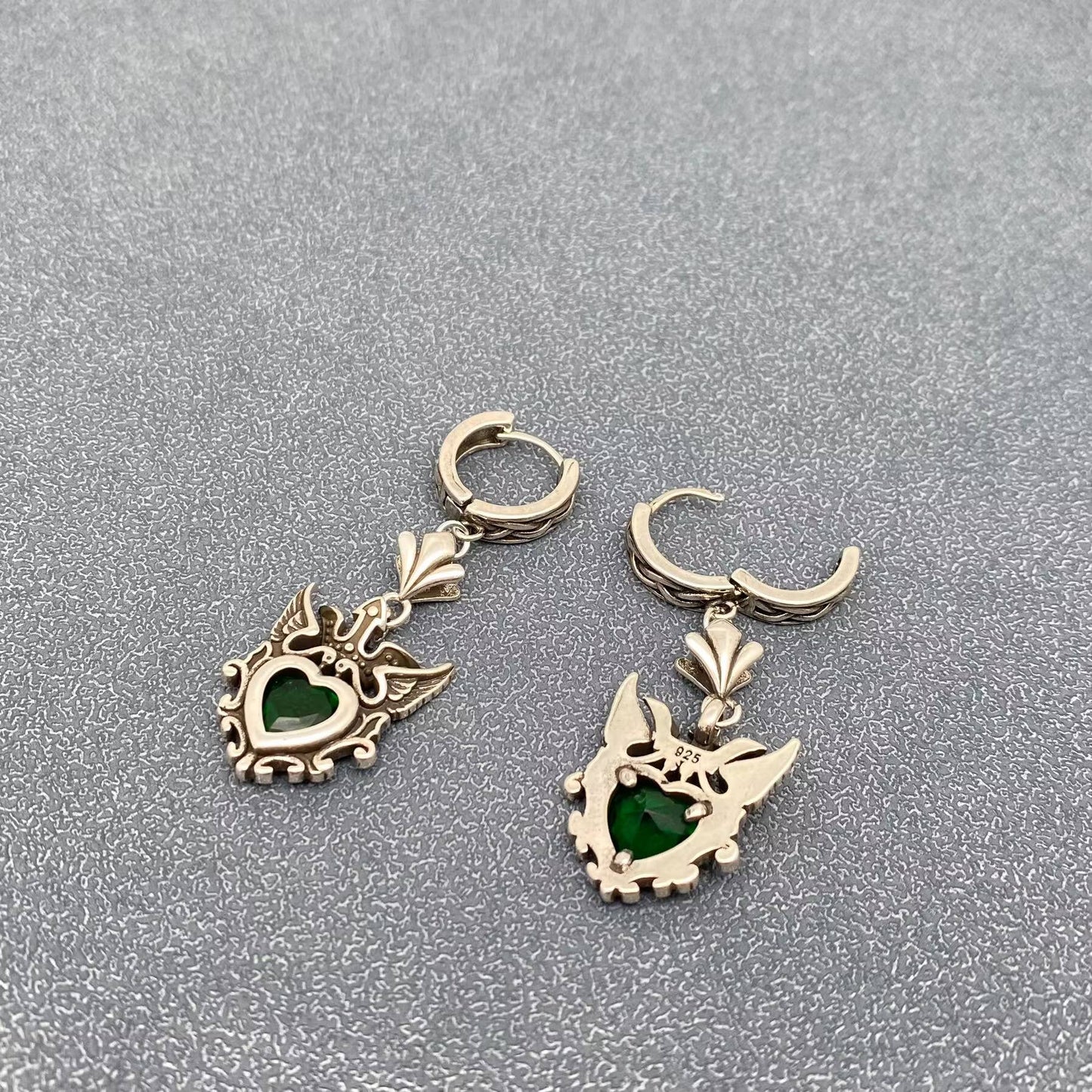 Gothic Vintage-Style Crown Heart Charm Huggie Dangle Earrings, Aged Silver Plated