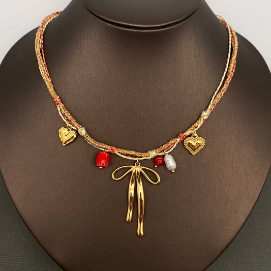 Bow & Heart 18K Gold Plated S.Steel Charm Necklace