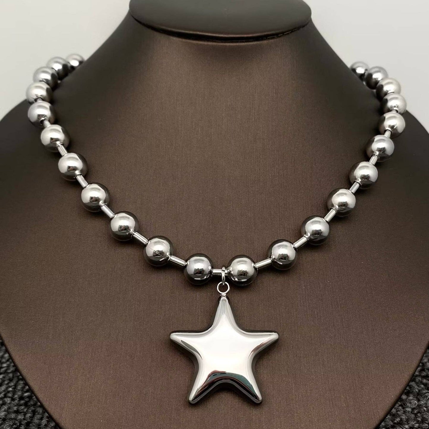 Glossy Big Star Charm Metal Beaded Necklace, Stainless Steel Silver Color