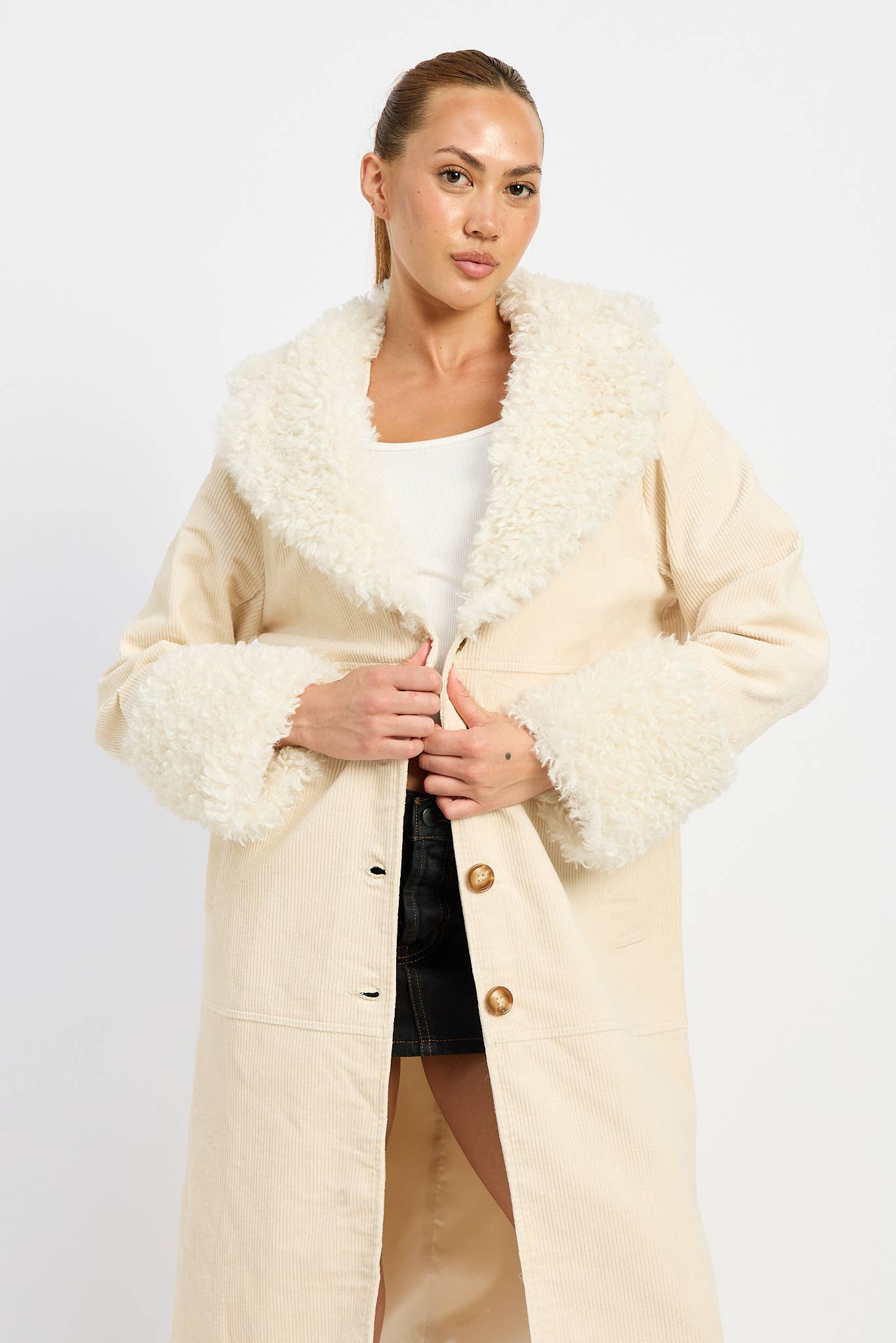 Emory Park • Mid-Length Trench Coat, Faux White Fur