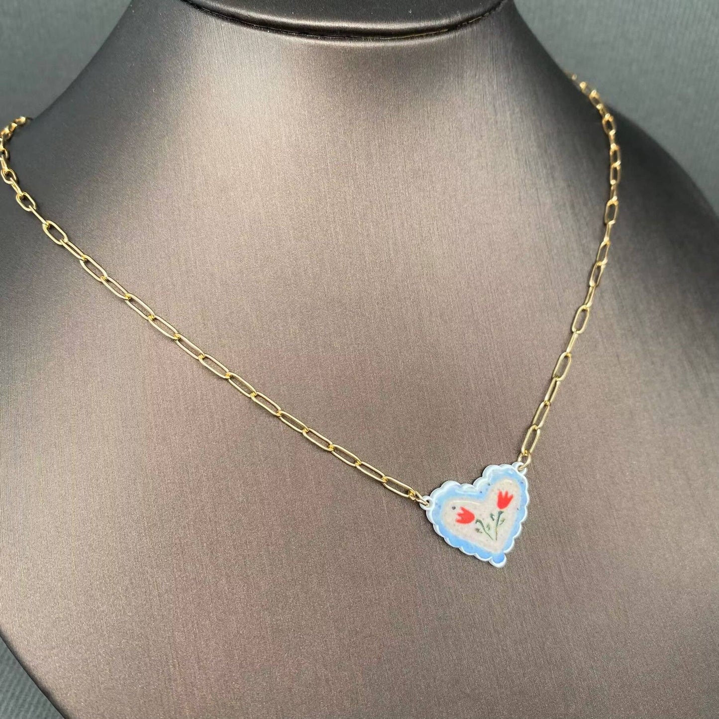 Flower Pattern Heart Charm Necklace, Gold Plated