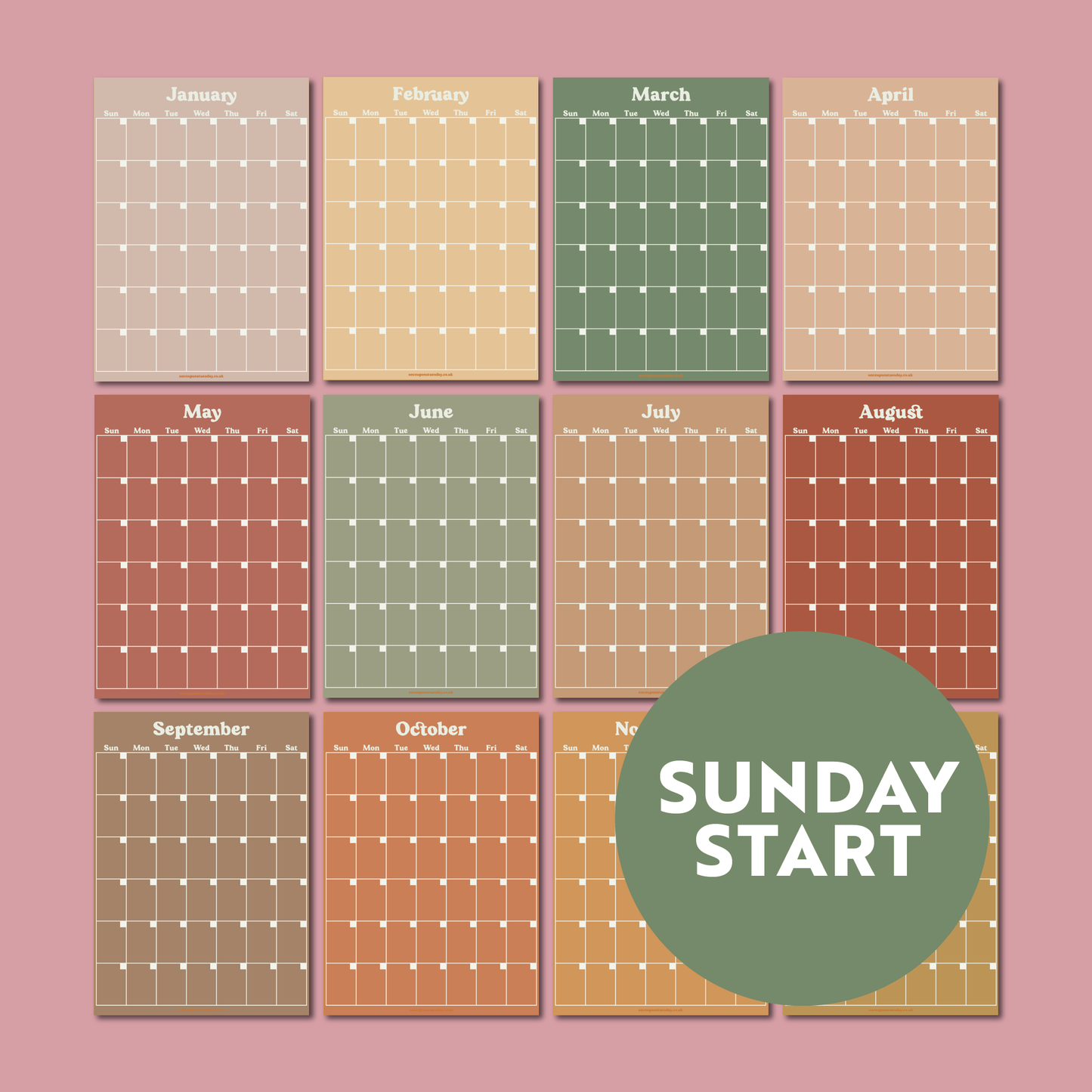 SUNDAY START | Undated A3 Wall Planner | 12 Pages | Muted