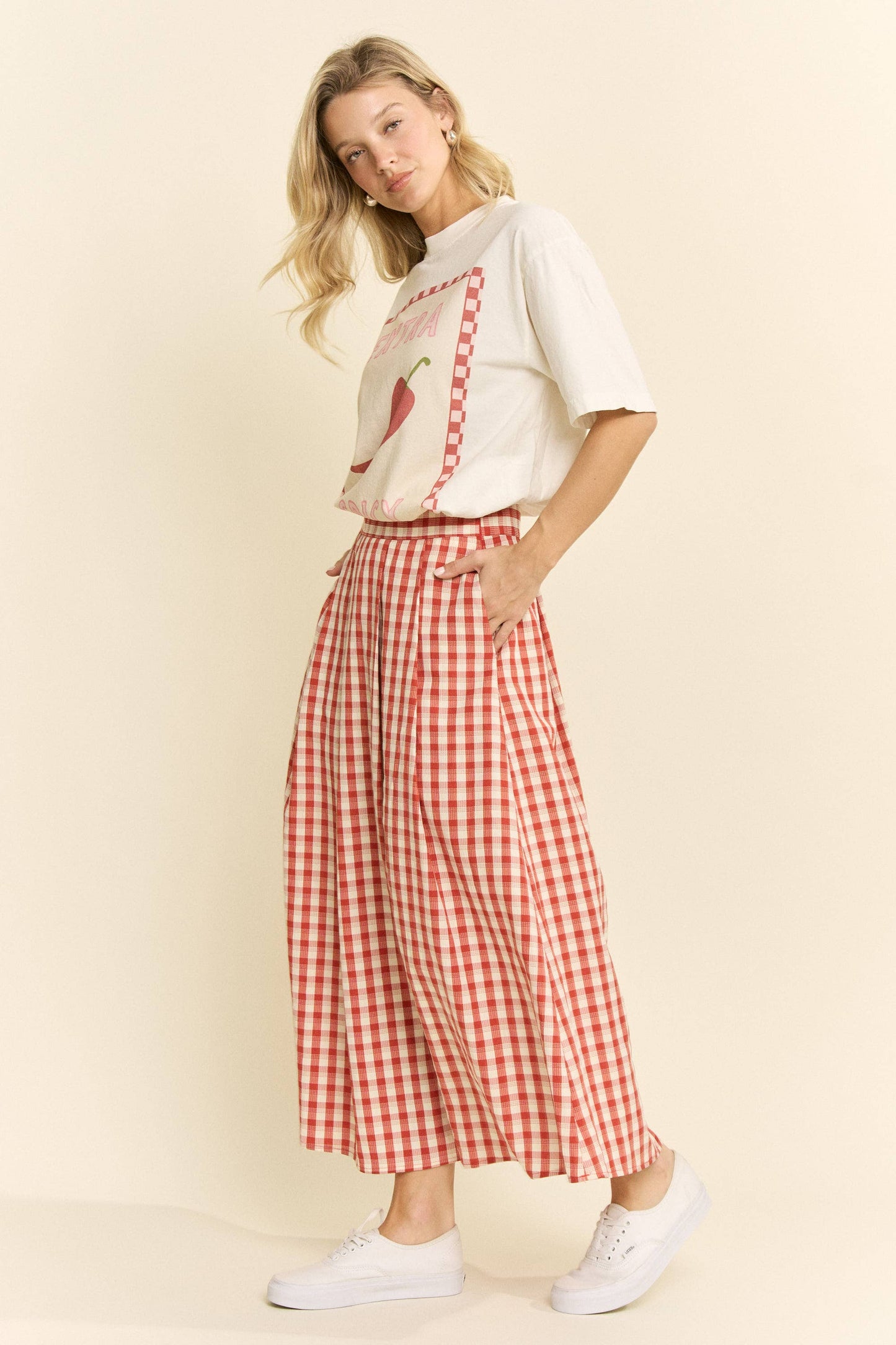 Plus Size, Gingham Midi Skirt, Red & Black Gingham