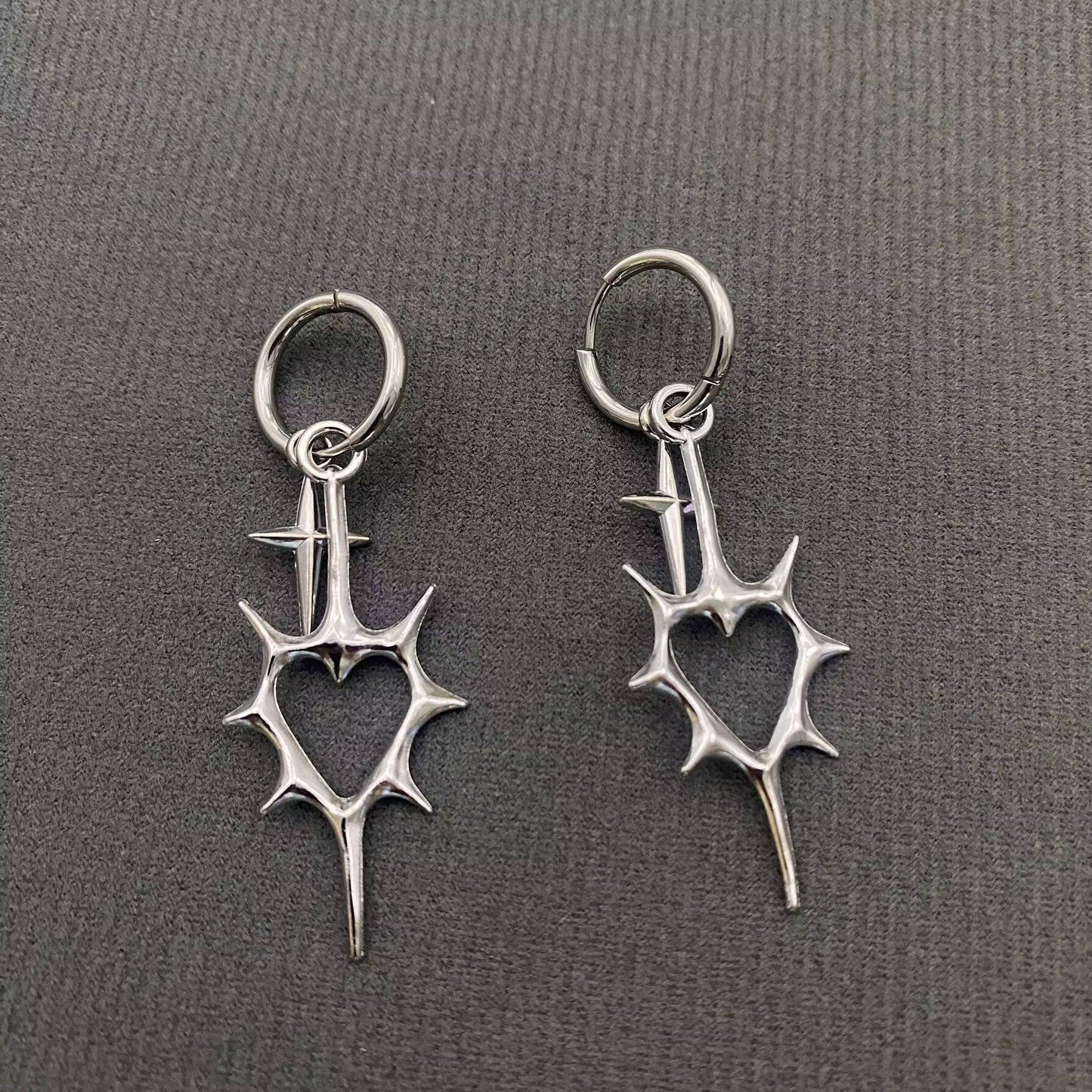 Gothic Drippy Thorns Hollow Heart Huggie Earrings, Silver Color
