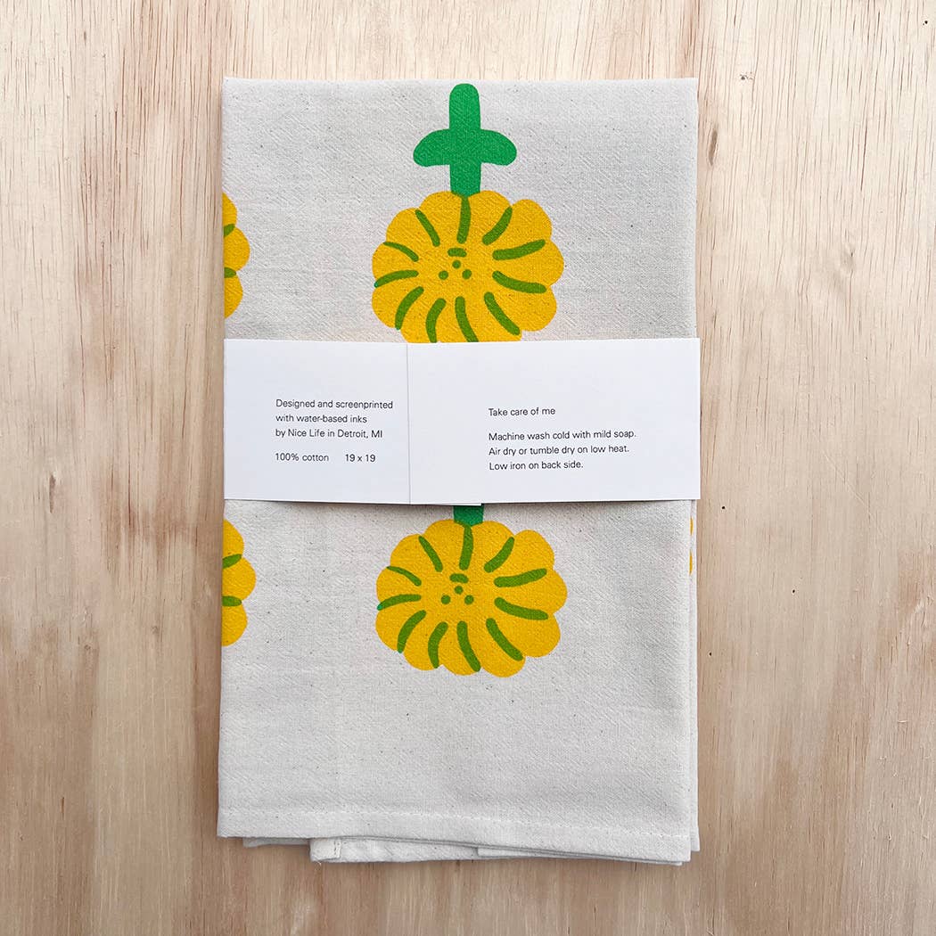 Hand-Printed Happy Flower Tea Towel