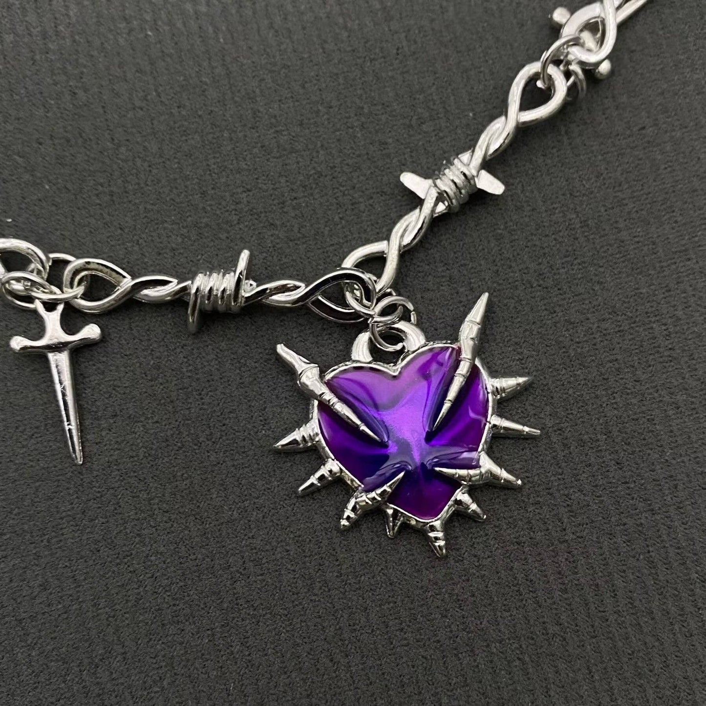 Gothic Purple Thorns Drippy Heart Dagger Charm Barbed-Wire Necklace, Silver Color