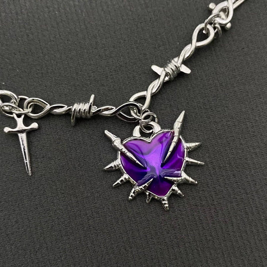 Gothic Purple Thorns Drippy Heart Dagger Charm Barbed-Wire Necklace, Silver Color