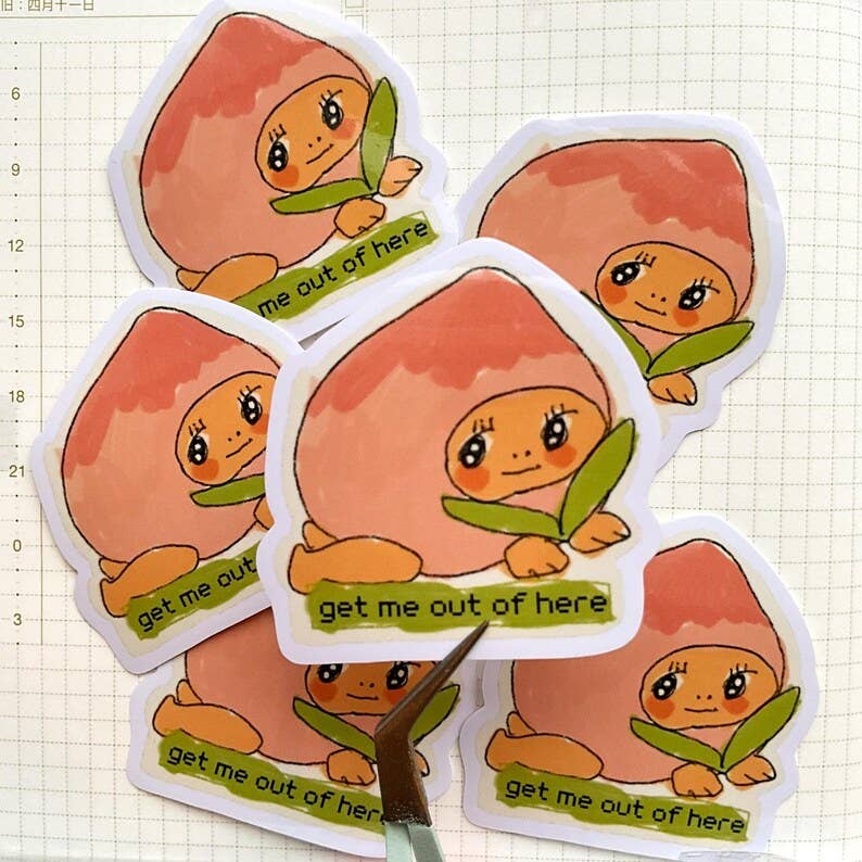 W0nkk0 • "Get Me Out of Here" Kewpie Peach Vinyl Sticker