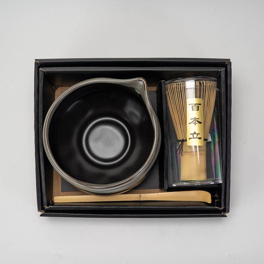 Gray Black Matcha Set, 20oz Porcelain Latte Bowl with Whisk and Scoop