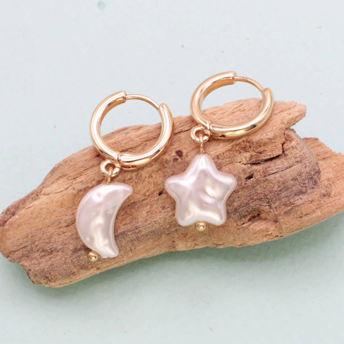 Celestial Pearls Moon Star Gold Color Hoop Earrings