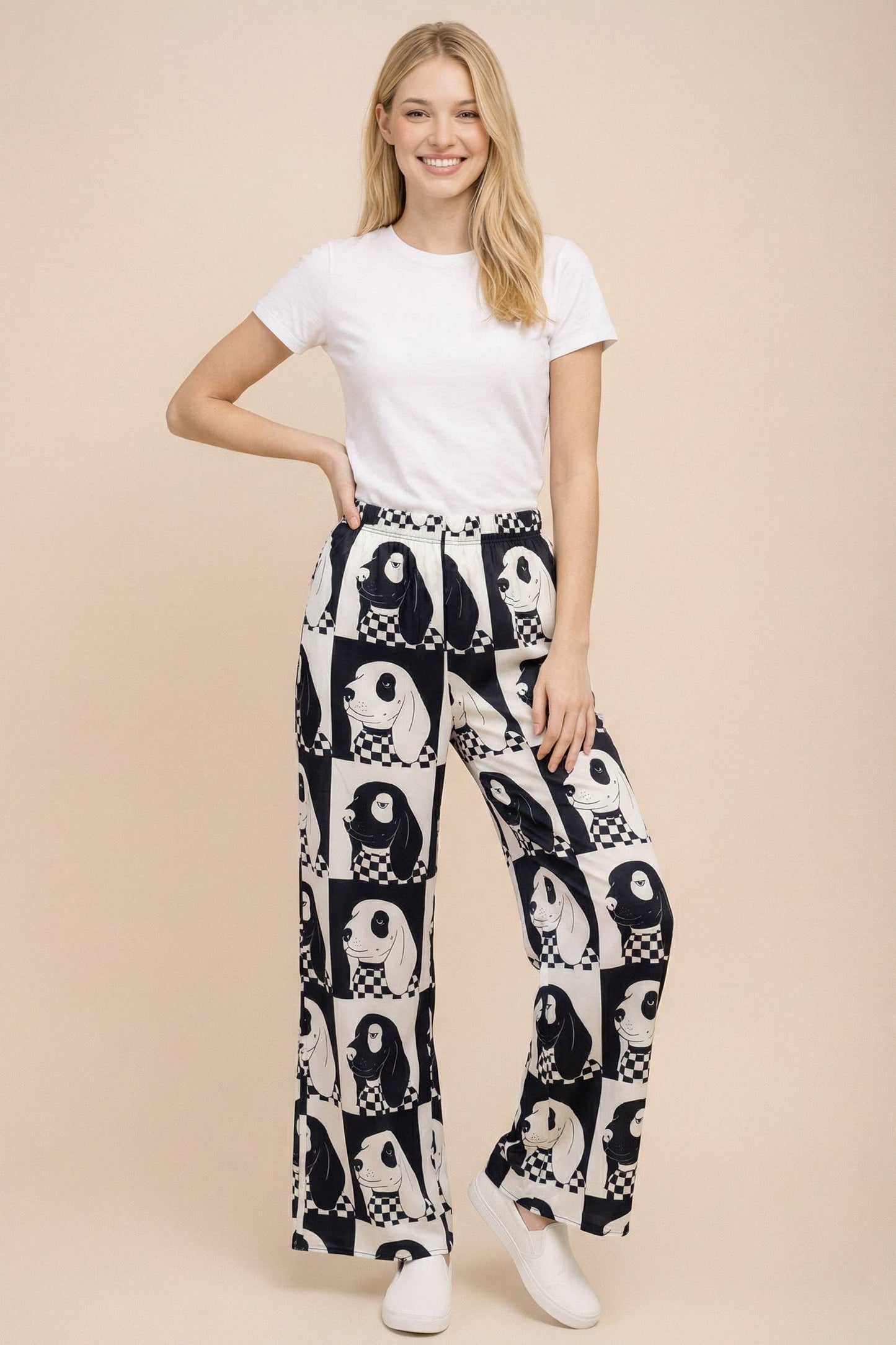 Plus Size, Dog Pattern Checkered Wide Leg Pants