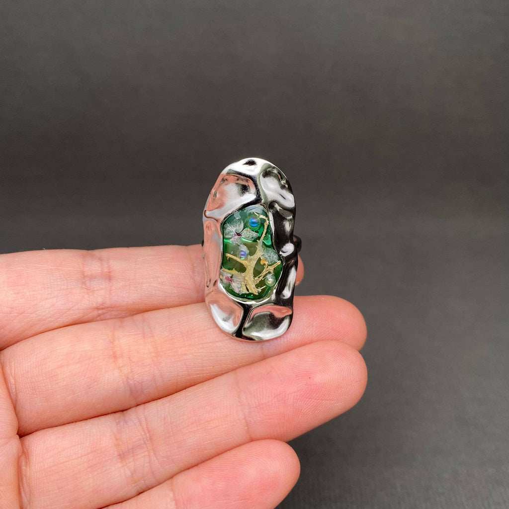 Dried Flowers Hammered Texture Silver Ring