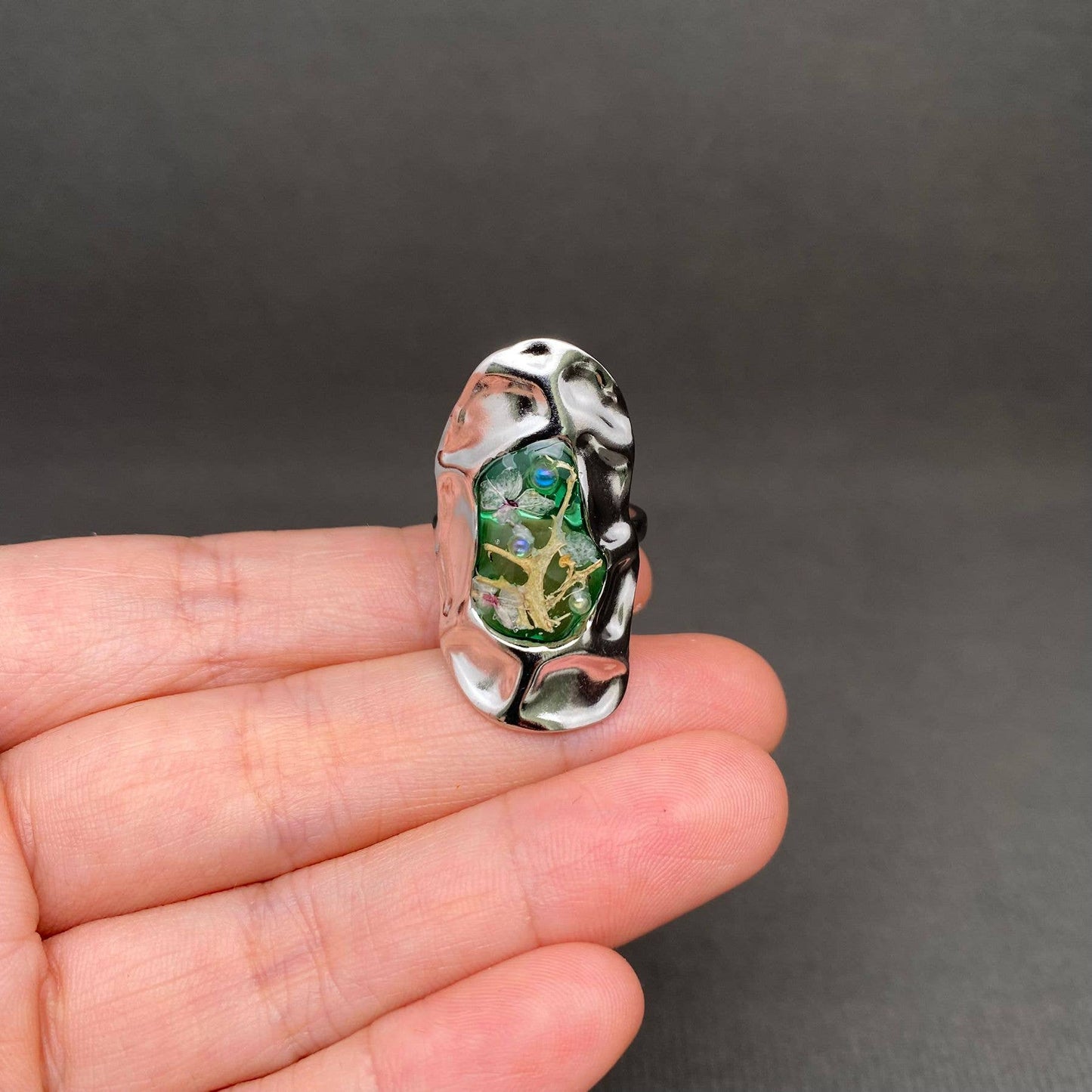 Dried Flowers Hammered Texture Silver Ring