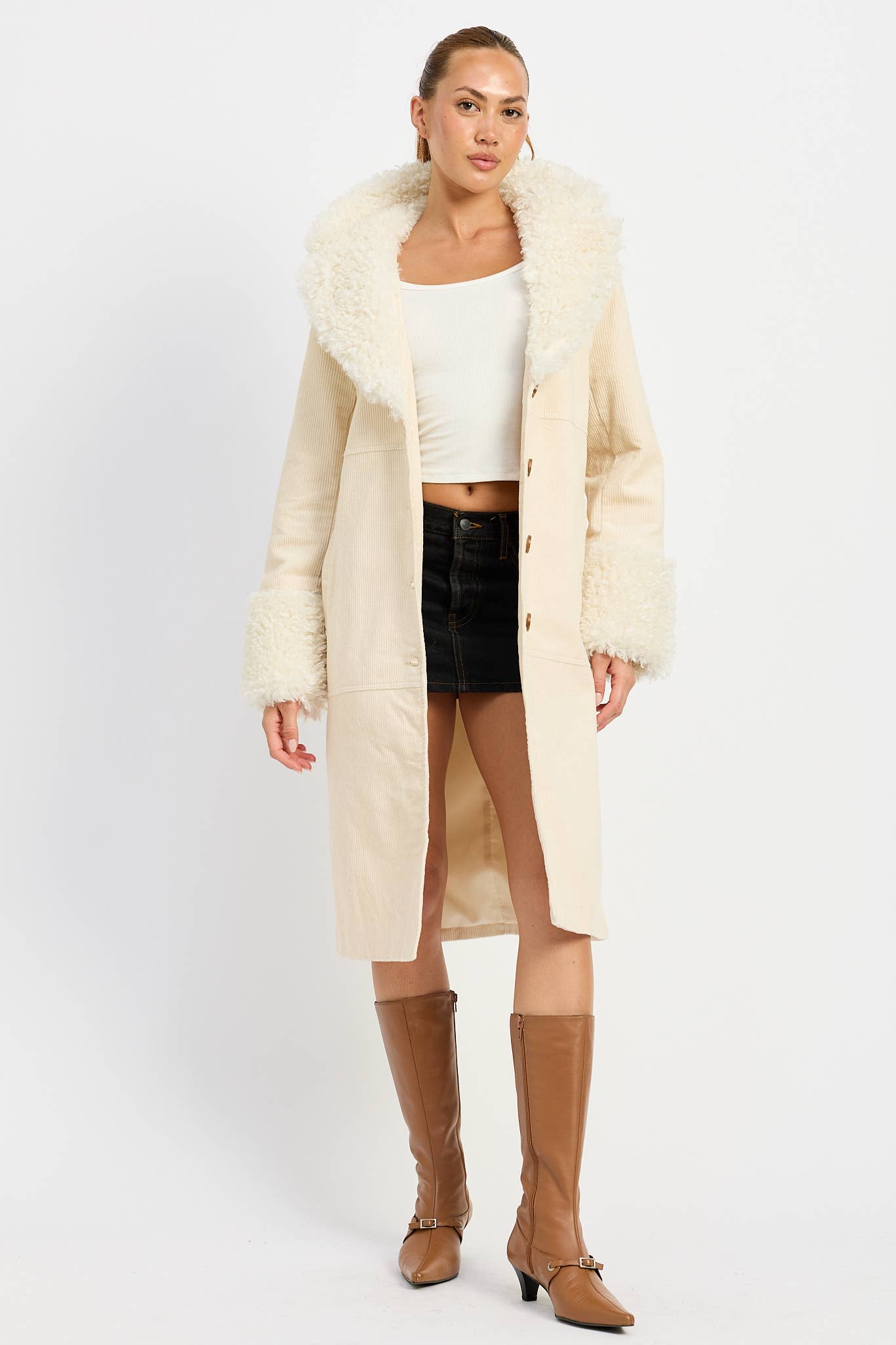 Emory Park • Mid-Length Trench Coat, Faux White Fur