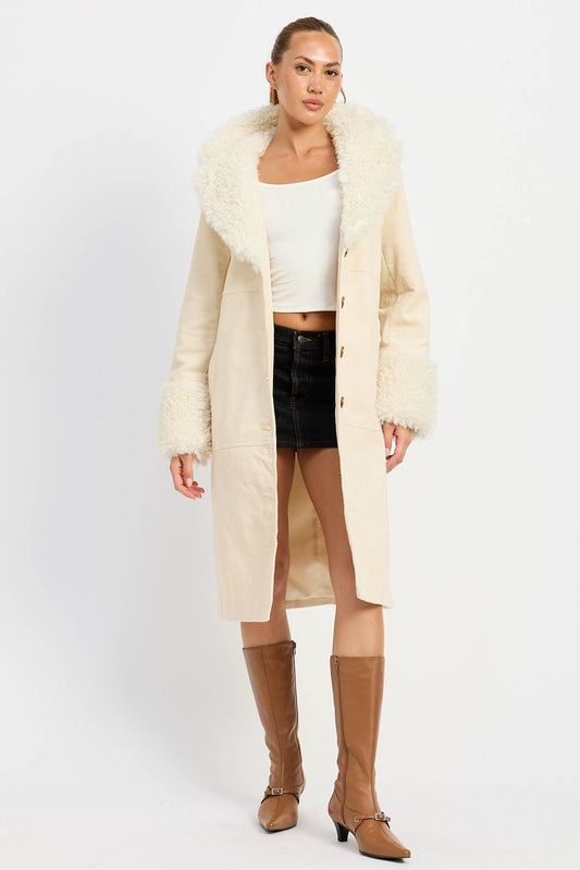 Emory Park • Mid-Length Trench Coat, Faux White Fur