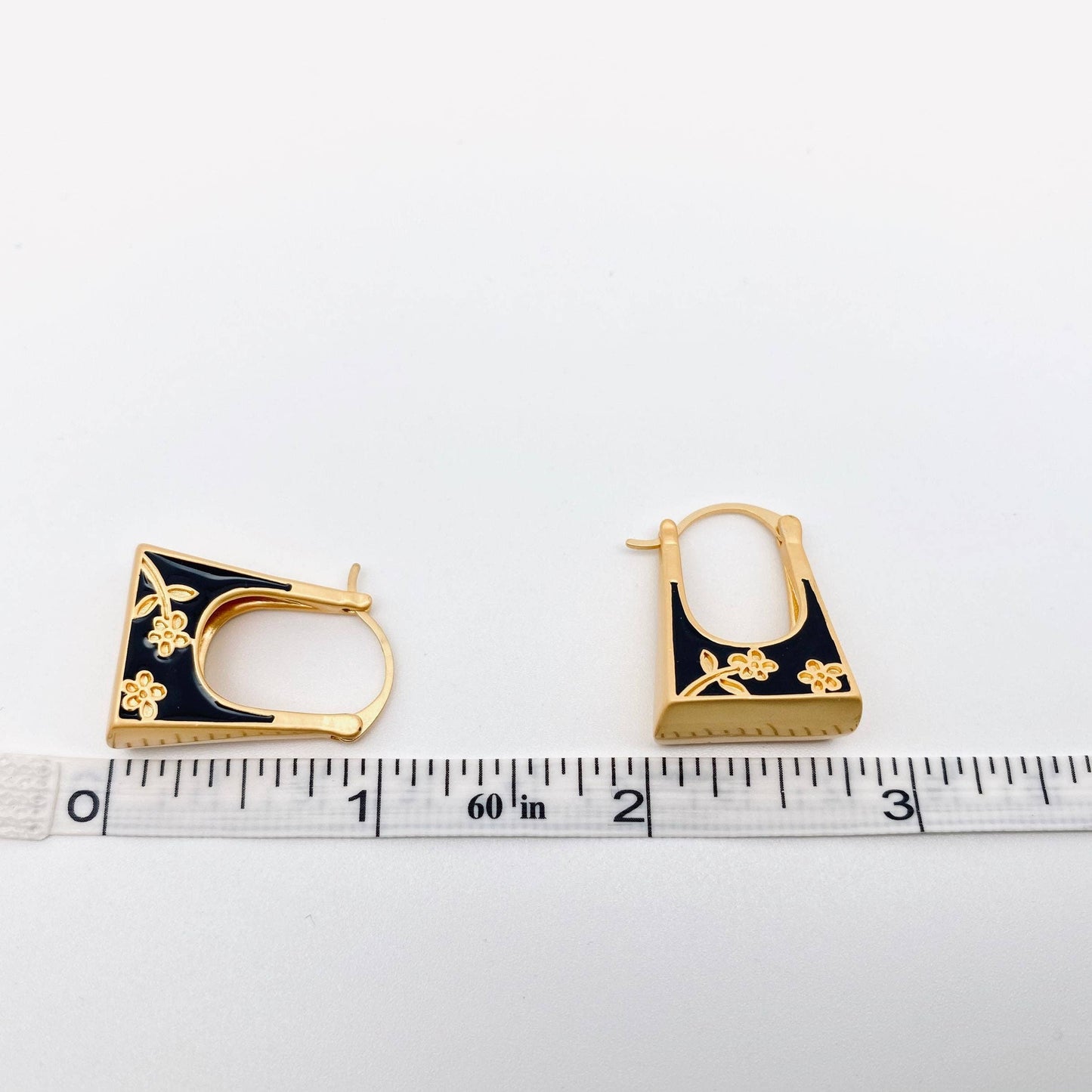 Black Enamel Flower Drop Design Huggie Earrings, Gold Color