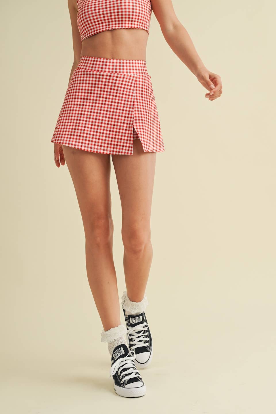 Gingham Print Side Slit A-Line Skort