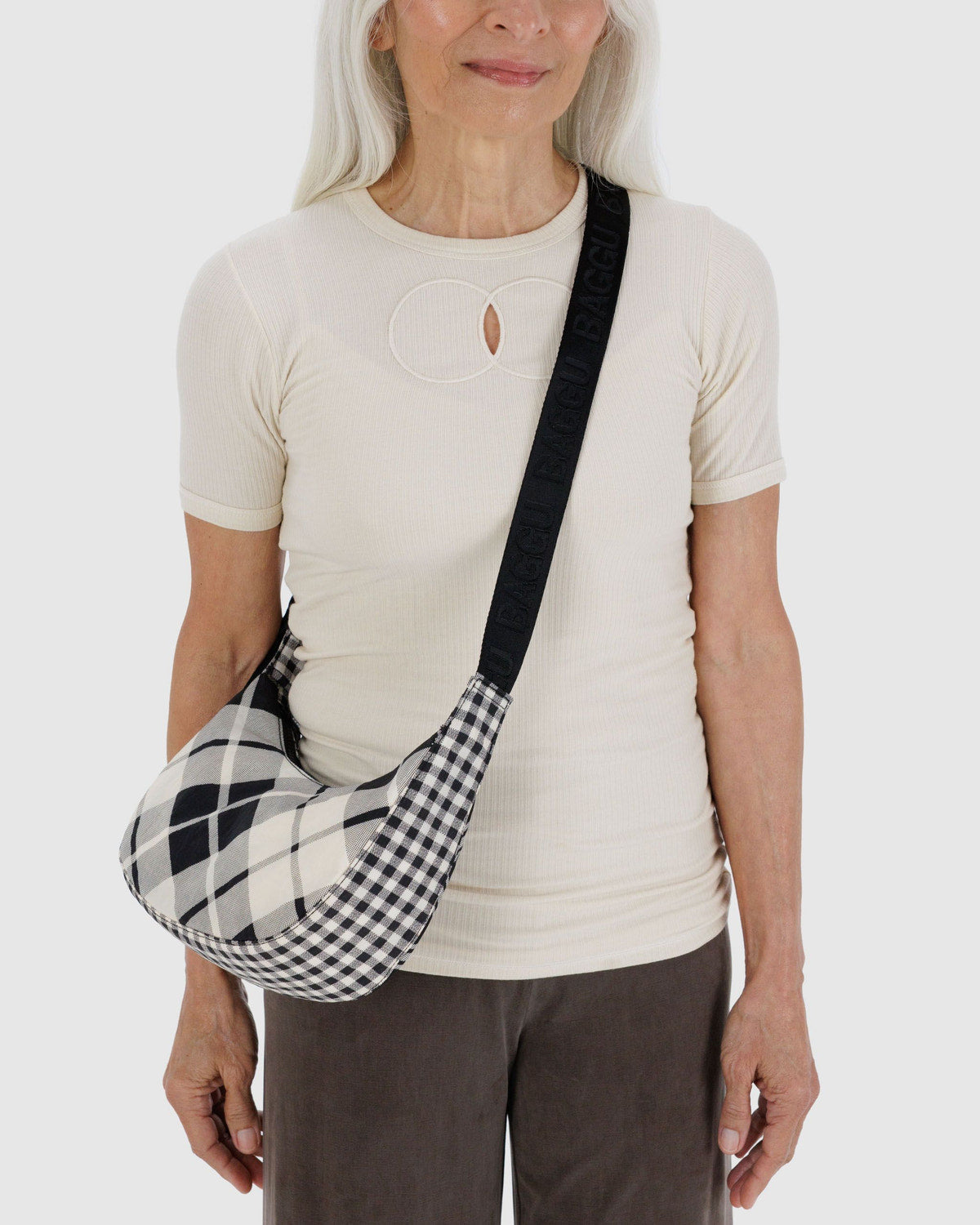 BAGGU • “Mixed Plaid” Small Crescent Bag