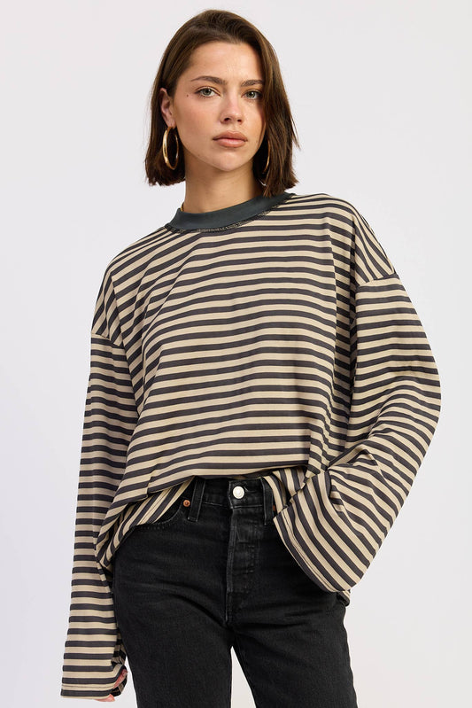 Emory Park • Oversized Stripe Taupe Long Sleeve Top