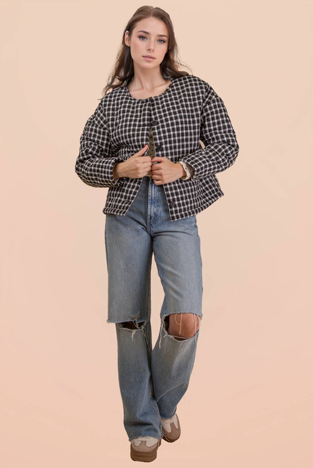 Very J • Gingham Quilt Oversized Casual Jacket