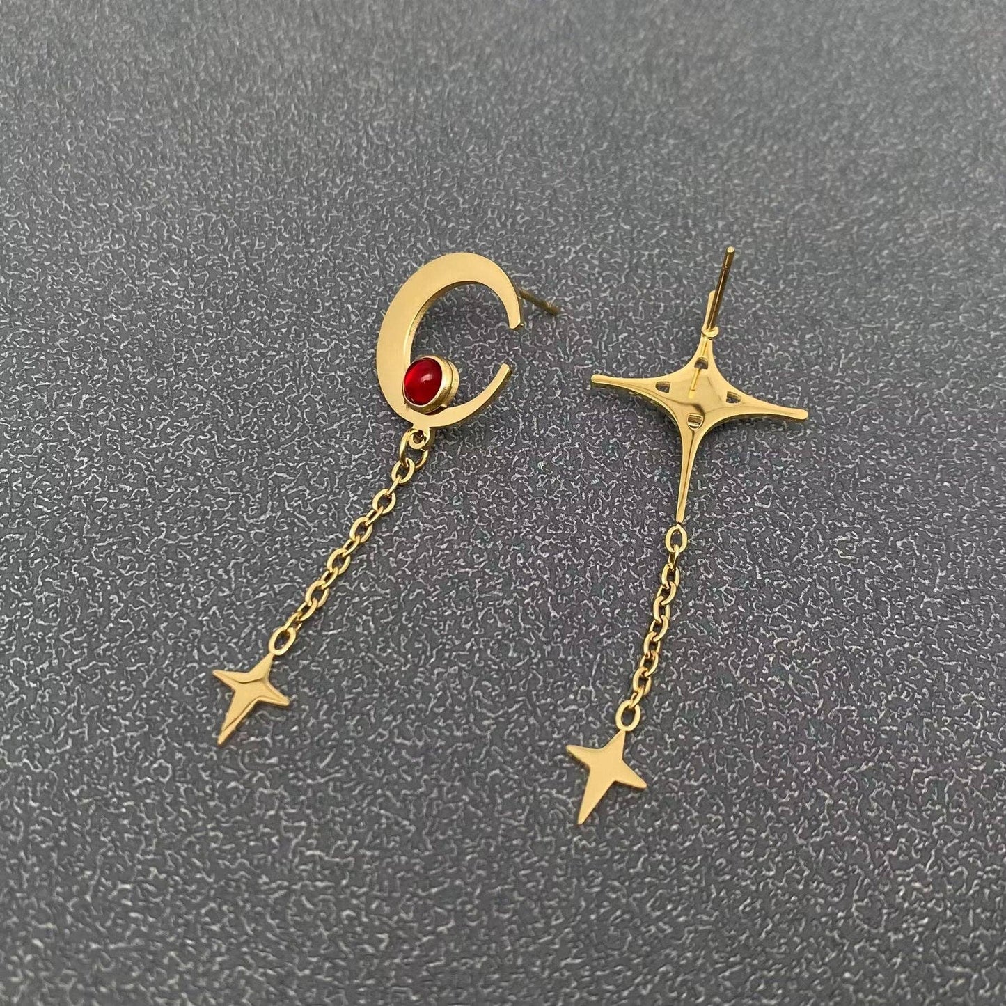 Asymmetric Celestial Star Moon Post Earrings, Gold Color