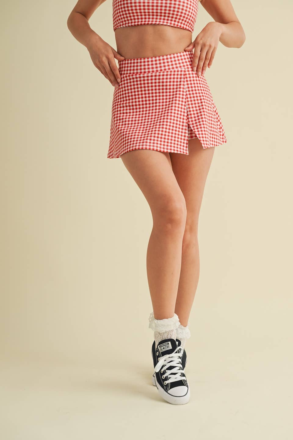 Gingham Print Side Slit A-Line Skort