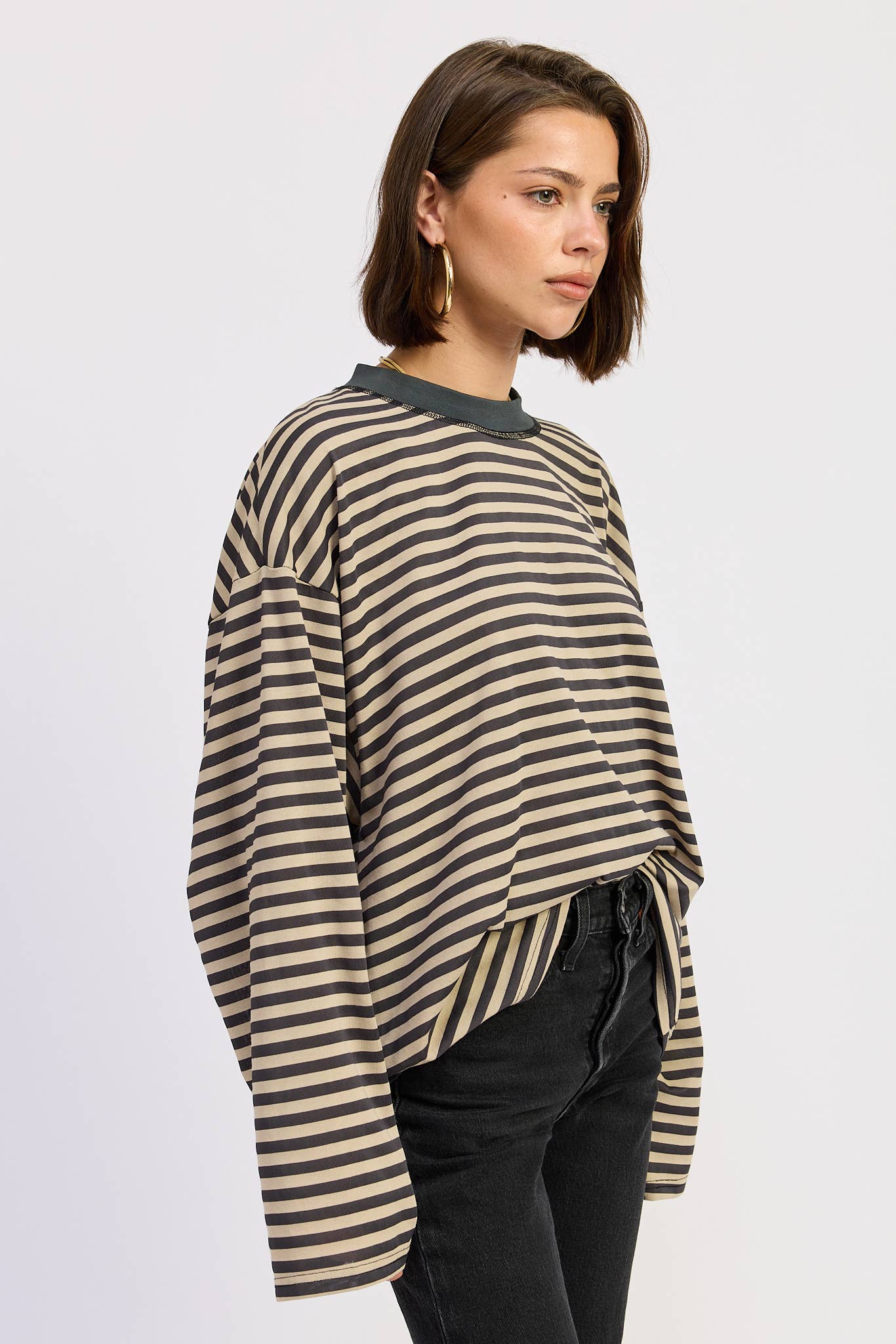 Emory Park • Oversized Stripe Taupe Long Sleeve Top