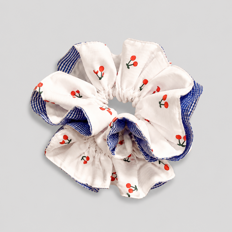 Cherry Gingham Ruffle Hair Scrunchie