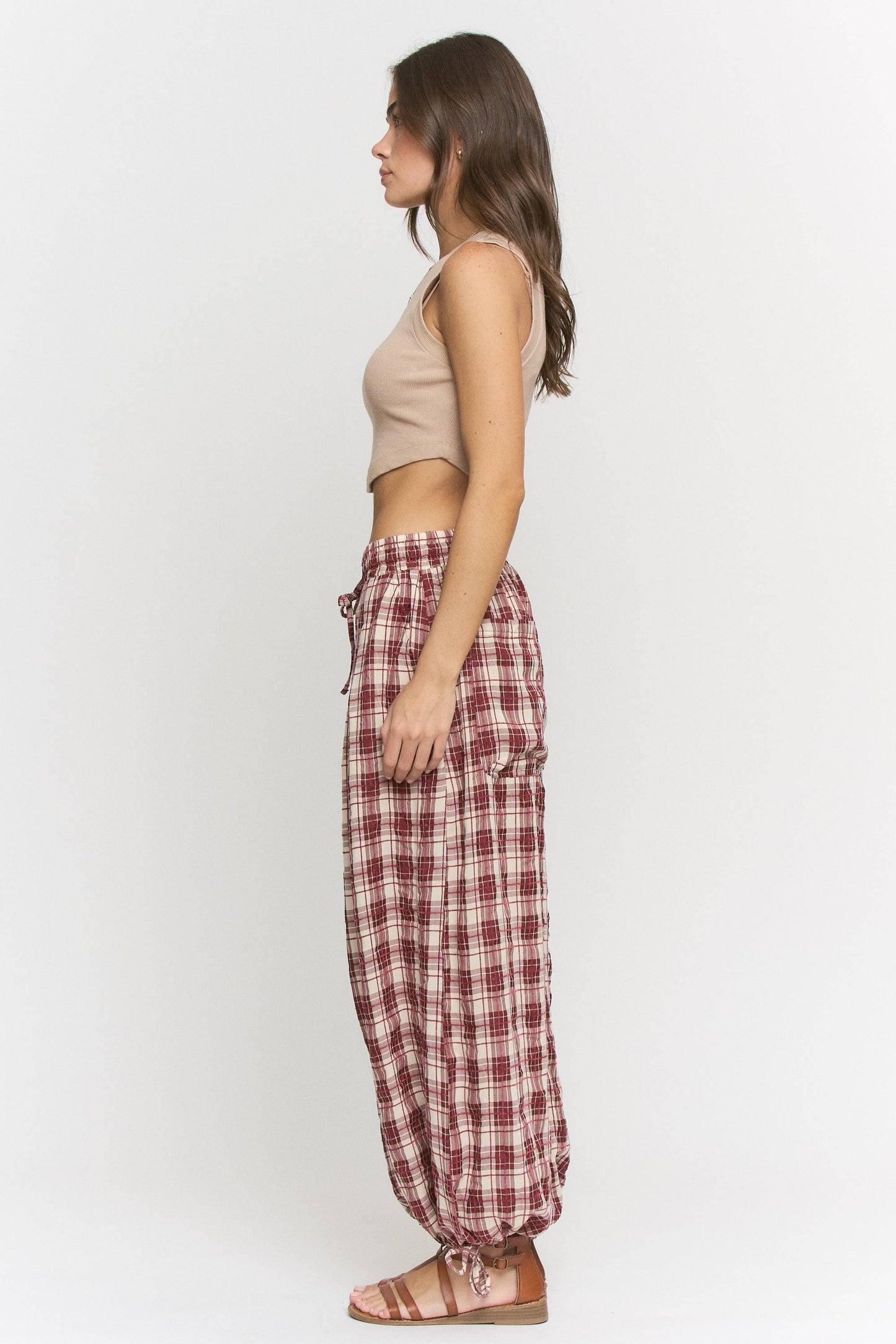 Plus Size, Wine Maroon Plaid Cinched Stretch Pants