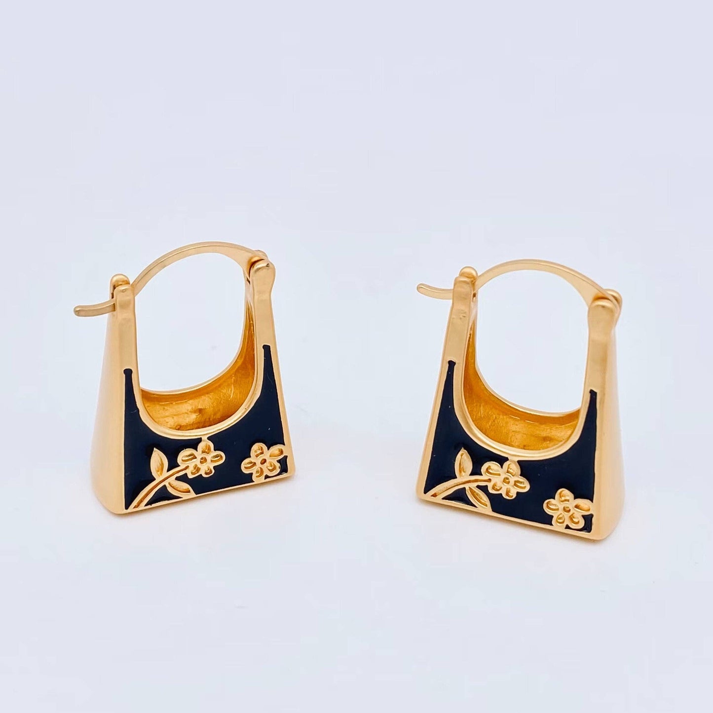 Black Enamel Flower Drop Design Huggie Earrings, Gold Color