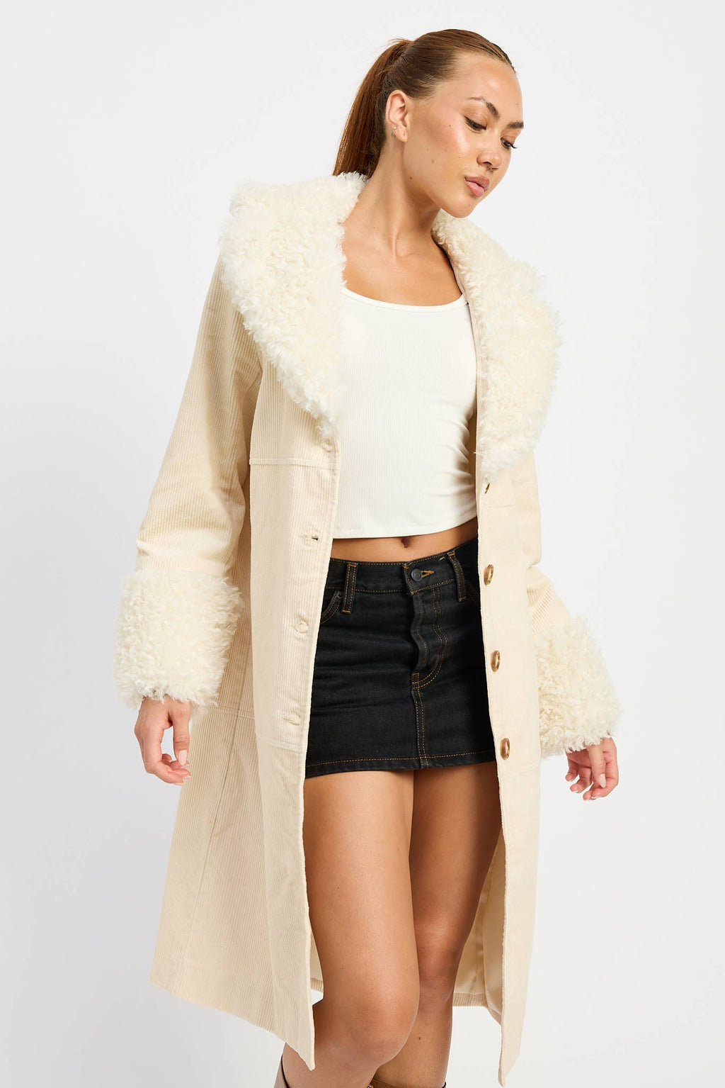 Emory Park • Mid-Length Trench Coat, Faux White Fur