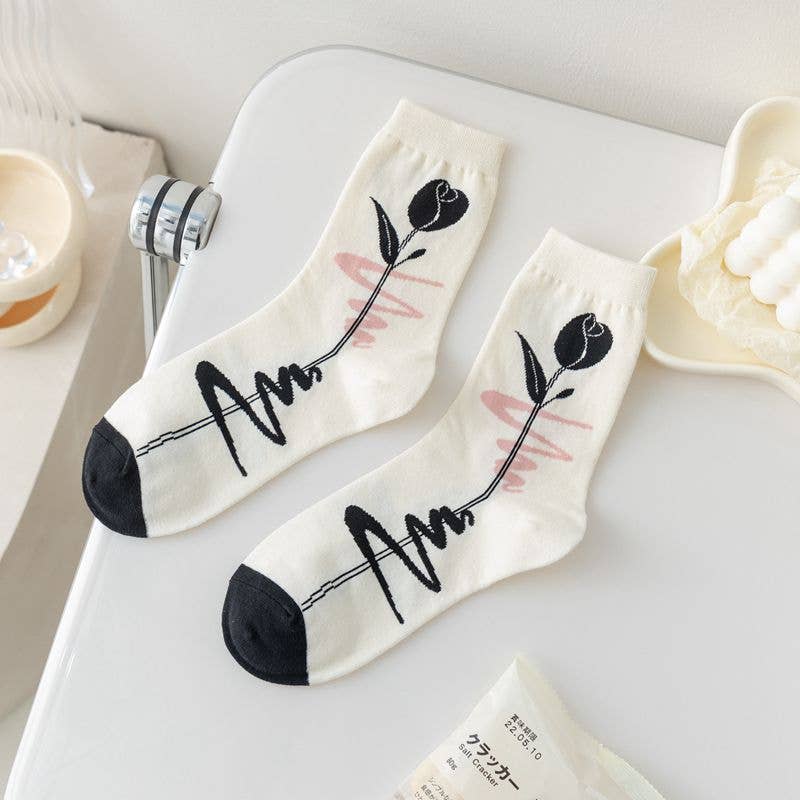 Black and White Floral Patterned Socks