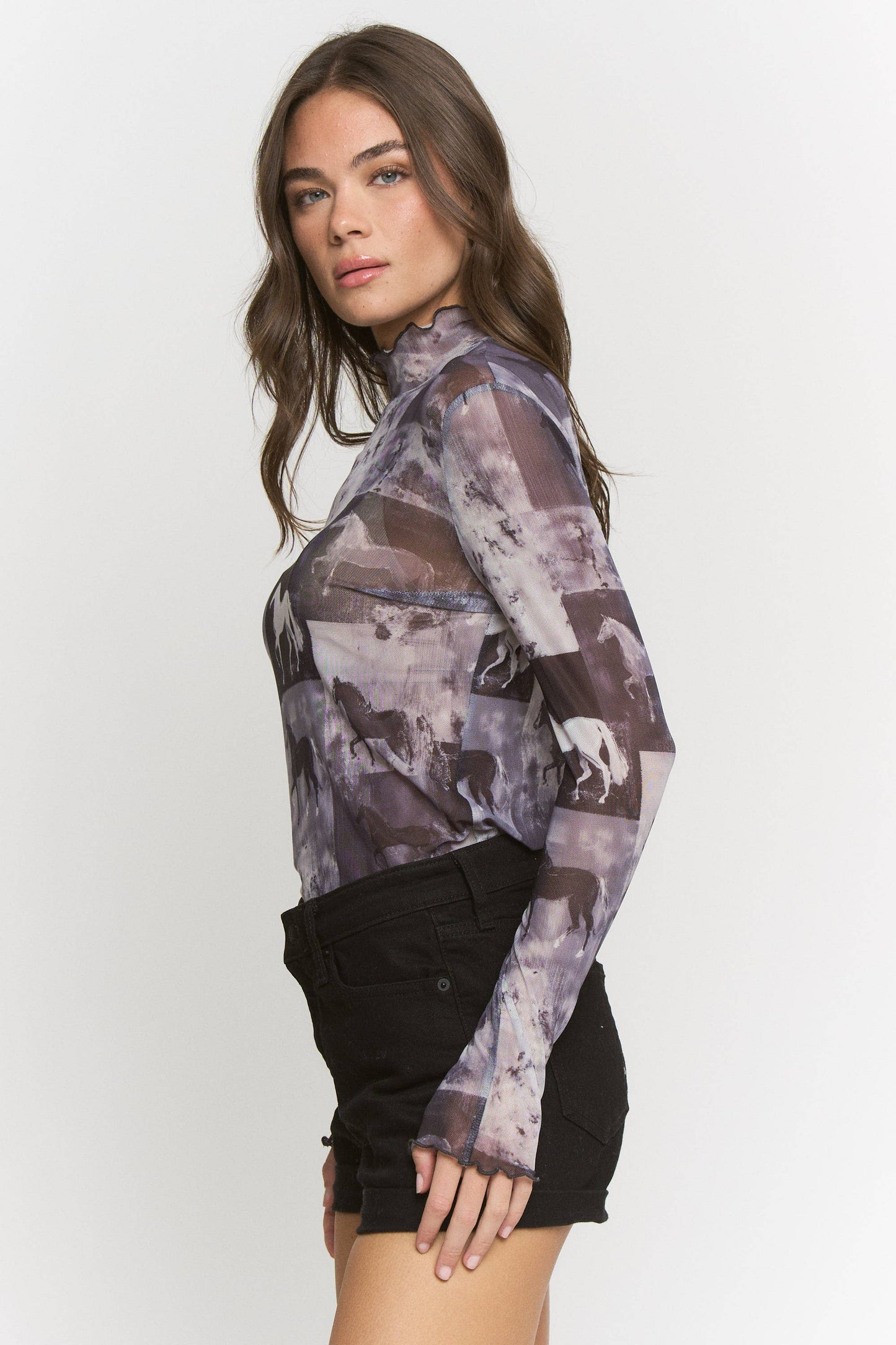 Plus Size, Horse Print Mesh Mock Neck Long Sleeve Top