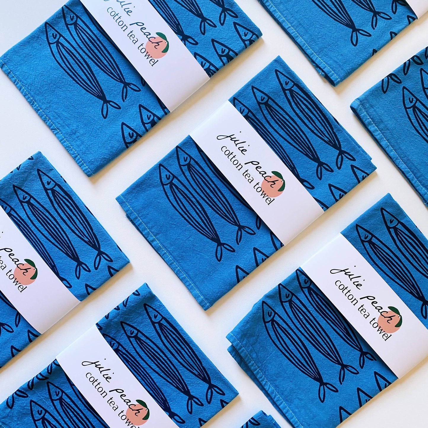 Julie Peach • Silkscreened Tea Towel, Blue Sardines